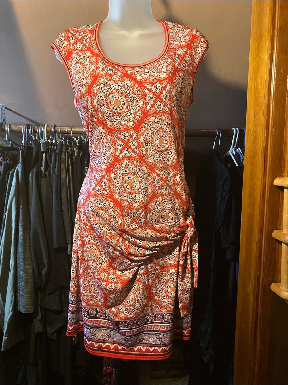 Max Studio Coral White Blue Medallion Print Tie-Side Sleeveless Dress